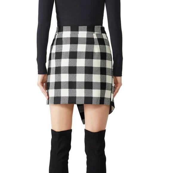 Milly Size 0 Black White Plaid Asymmetric Wrap Skirt Virgin Wool Exposed Button - Picture 10 of 12